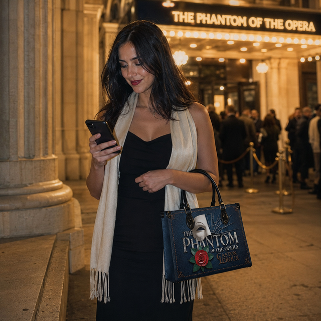 Reader with the Phantom of the Opera handbag outside the theatre