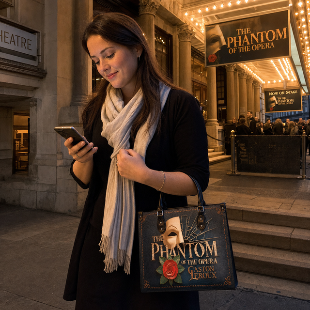 Reader with the Phantom crossbody at a theater