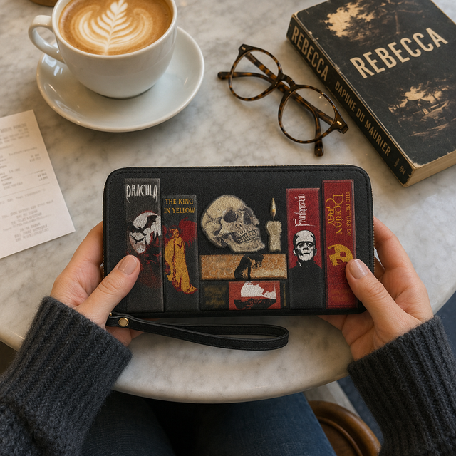 Codex of Gothic Tales wallet held over a marble cafe table