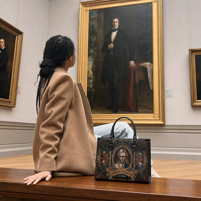 Reader with the Dorian handbag at a museum