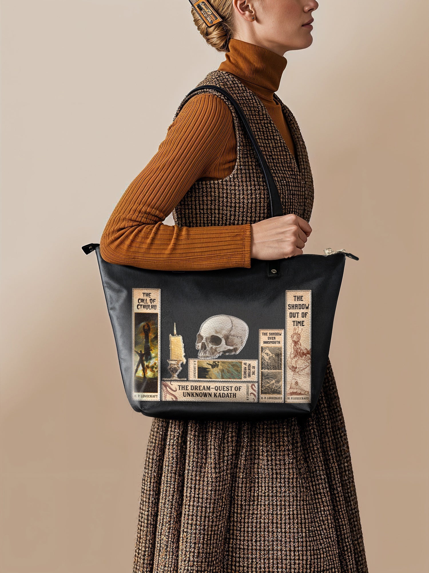 "Lovecraftian" Black Leather Tote Bag