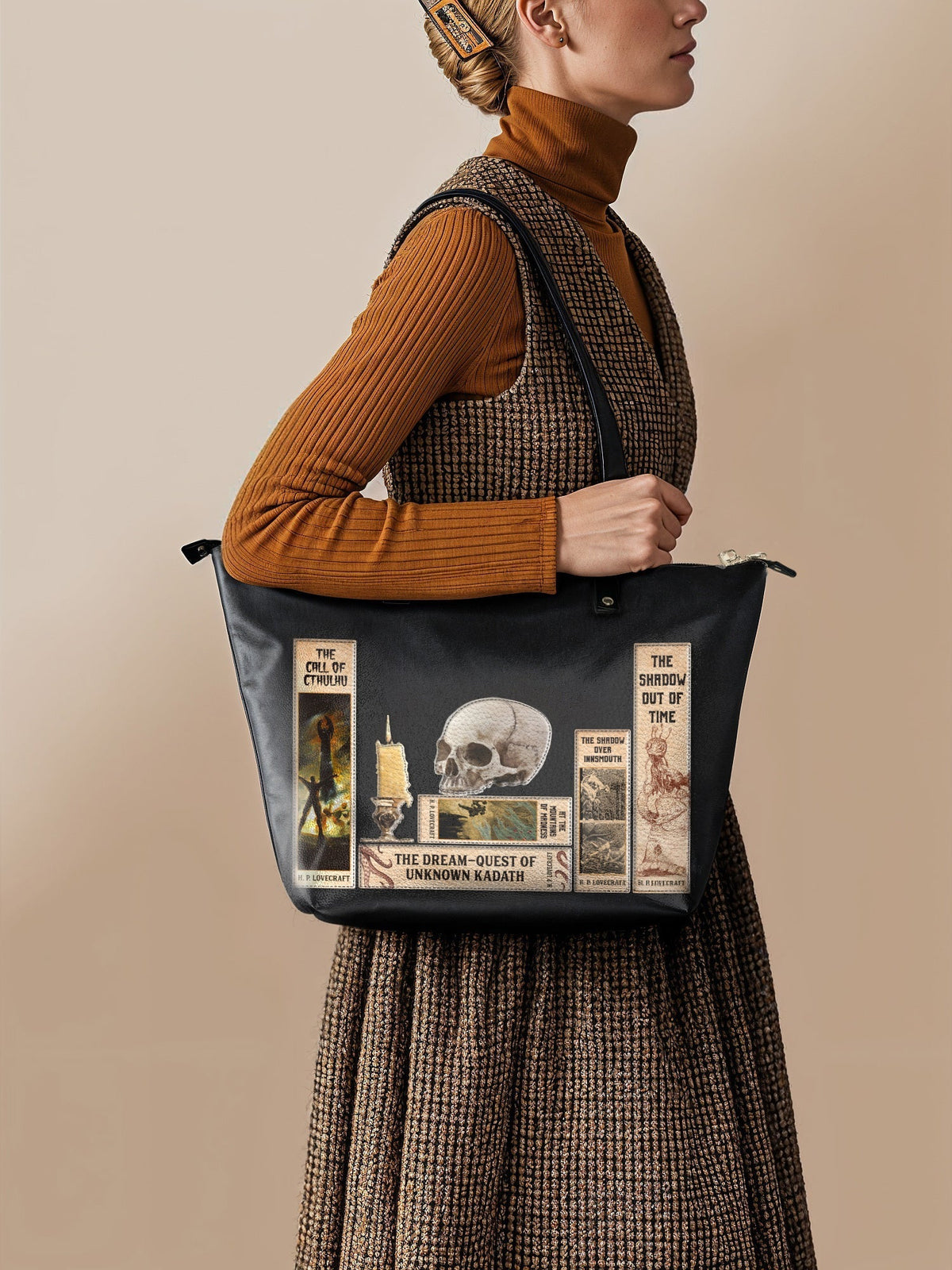 "Lovecraftian" Black Leather Tote Bag - FALL DEAL