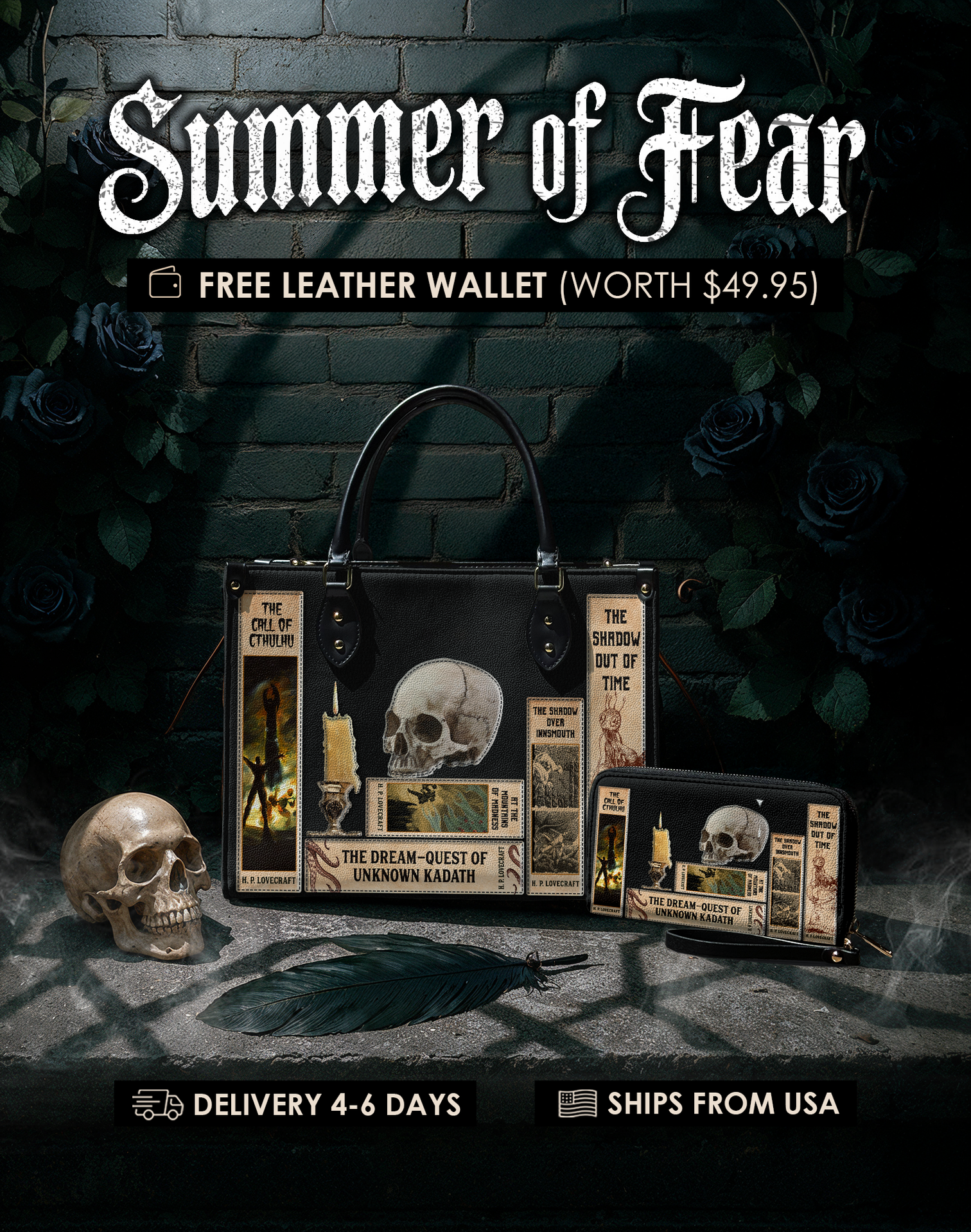 Lovecraftian Black Leather Handbag