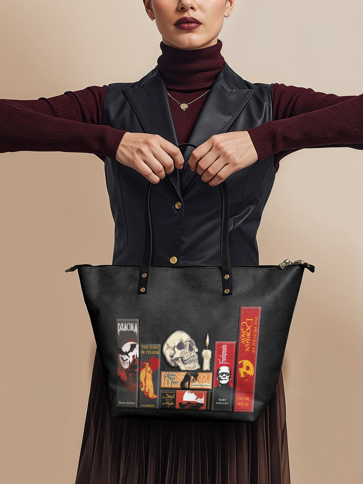 "The Codex of Gothic Tales" Deadlight Black Leather Tote Bag - FALL DEAL