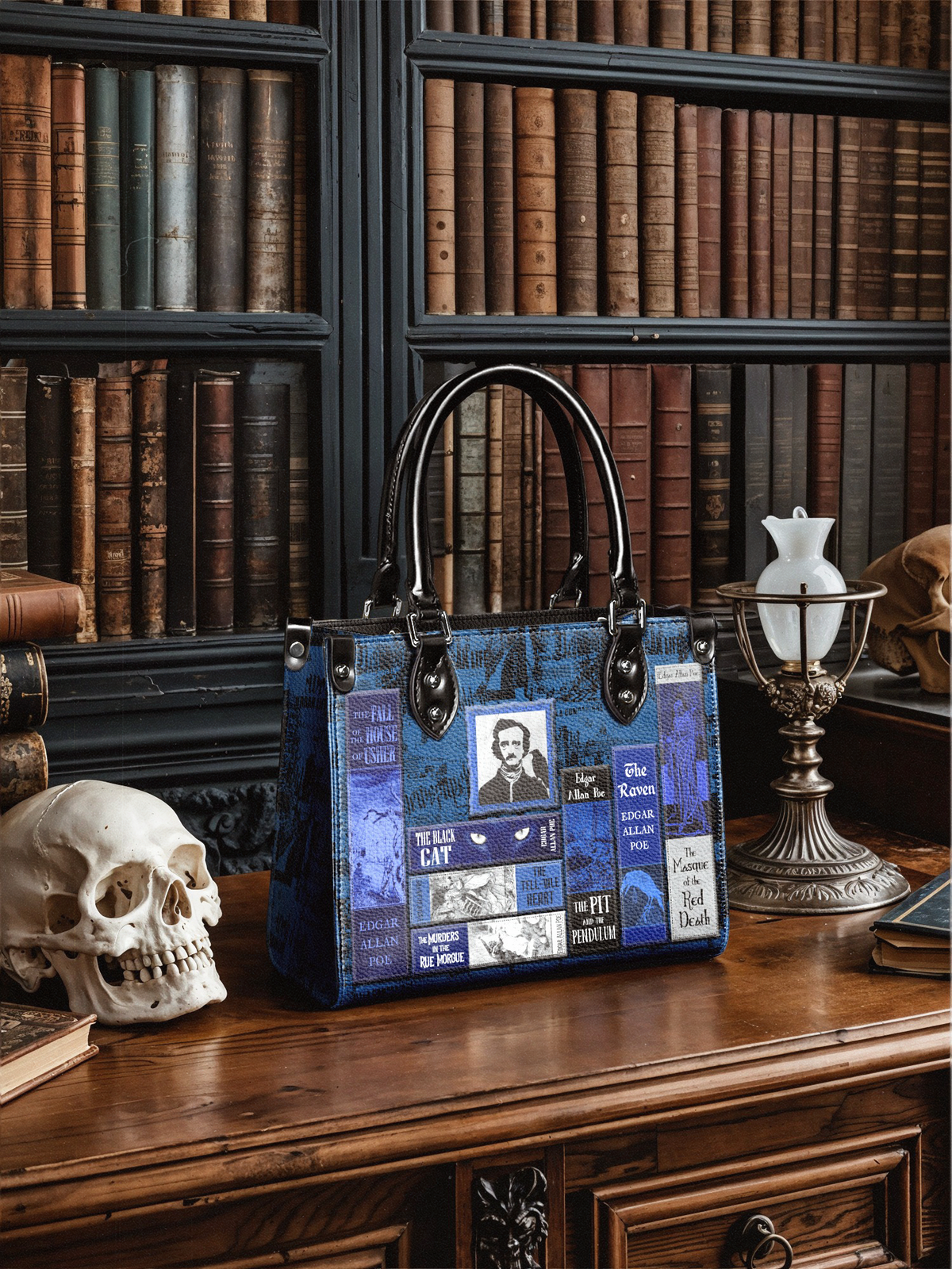 "Poe's Library" Midnight Ink - Black Interior - Small Leather Handbag - FALL CLEARANCE DEAL
