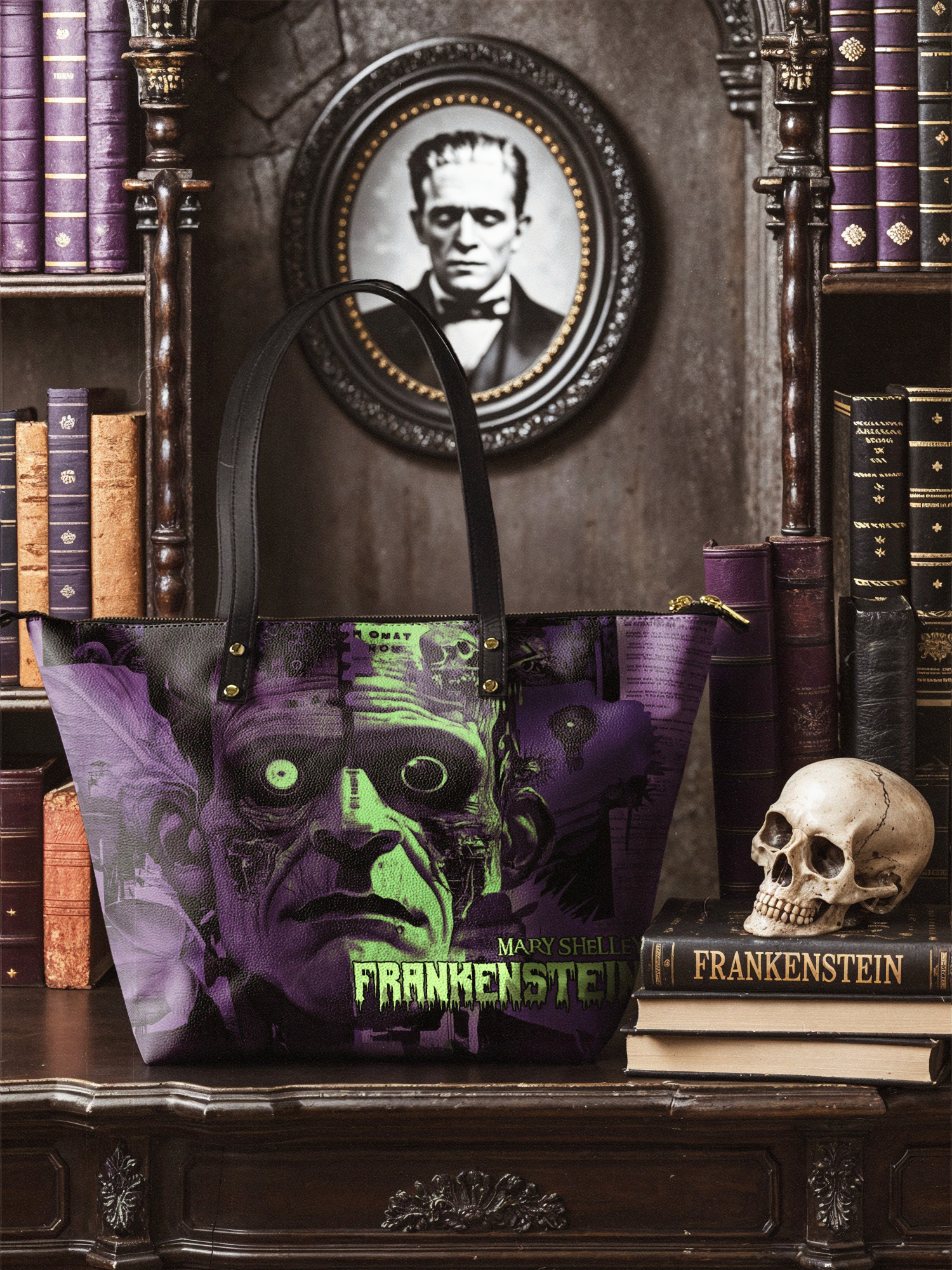 "Frankenstein" Lablight Violet Leather Tote Bag