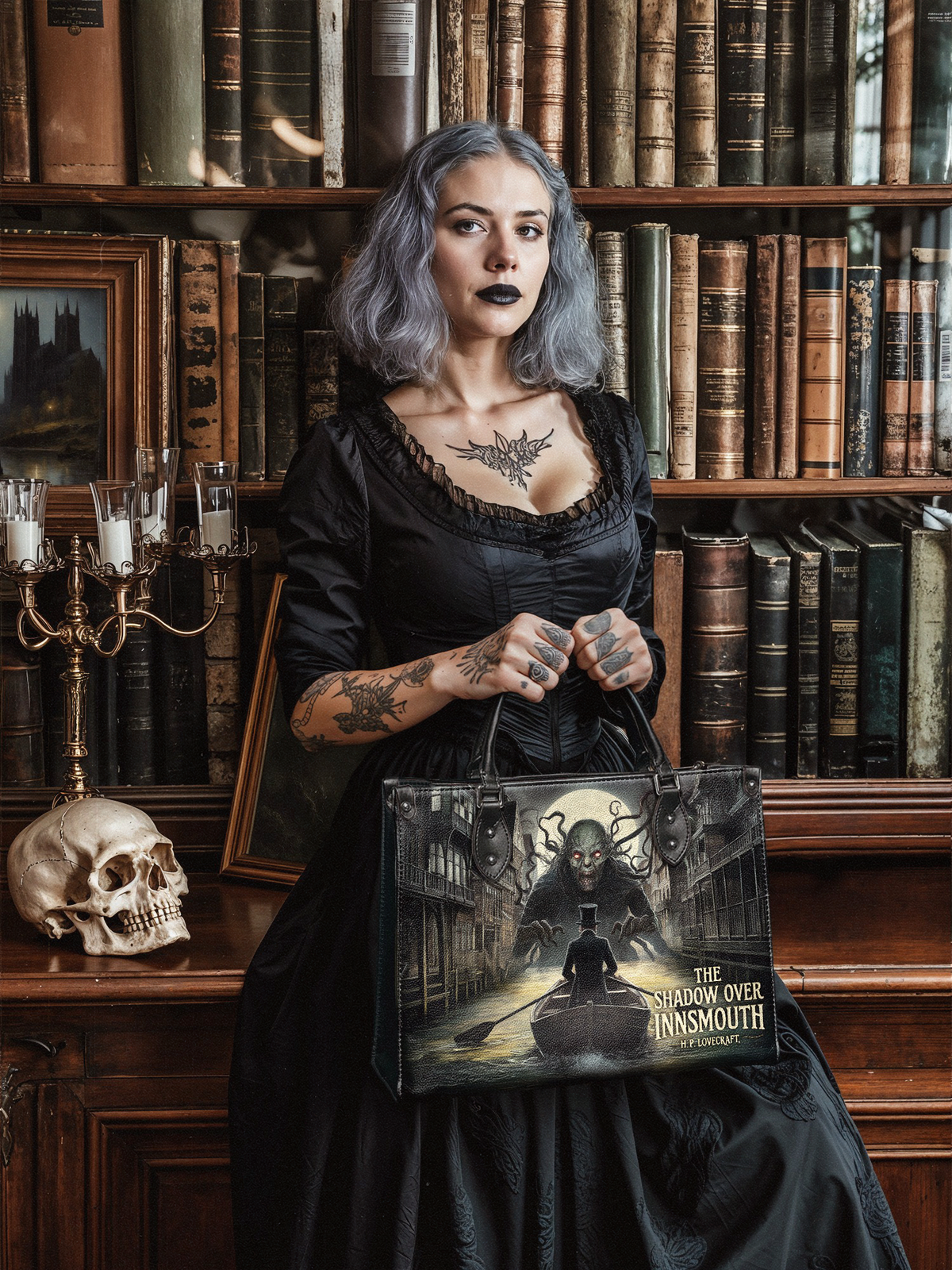 "The Shadow Over Innsmouth" - Black Interior - Leather Handbag Matching Set - FALL DEAL