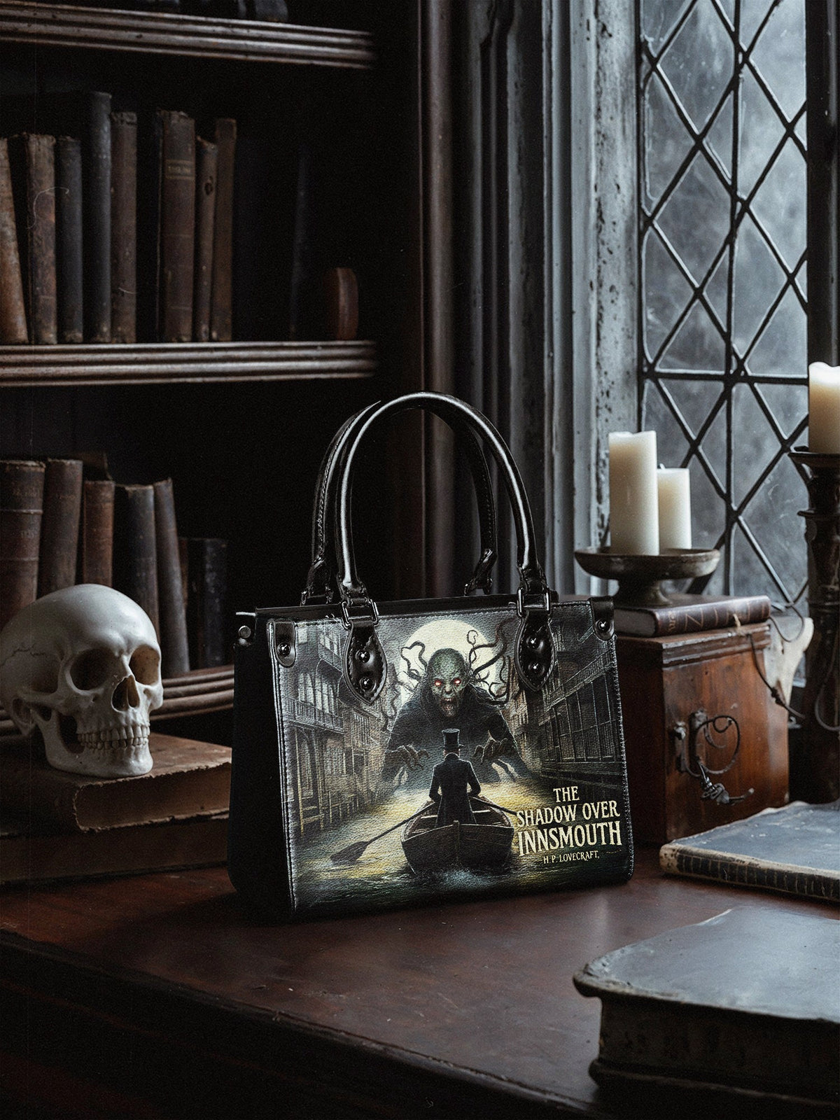 "The Shadow Over Innsmouth" - Black Interior - Small Leather Handbag - NEVERMORE DEAL
