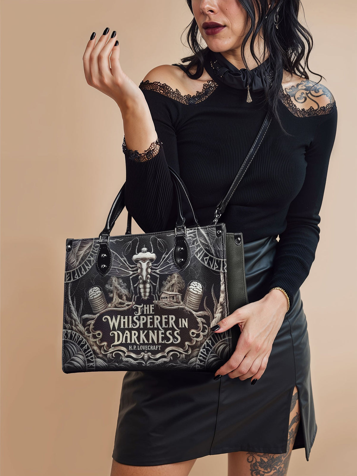 "The Whisperer In Darkness" - Black Interior - Leather Handbag Matching Set - FALL DEAL