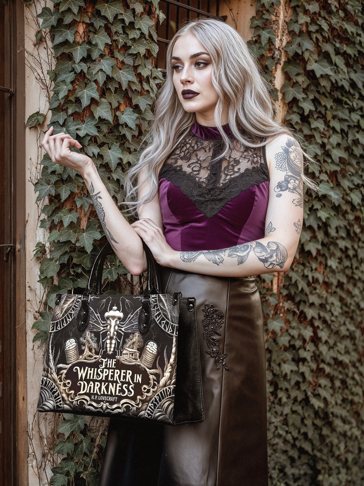 "The Whisperer In Darkness" - Black Interior - Leather Handbag Matching Set - FALL DEAL
