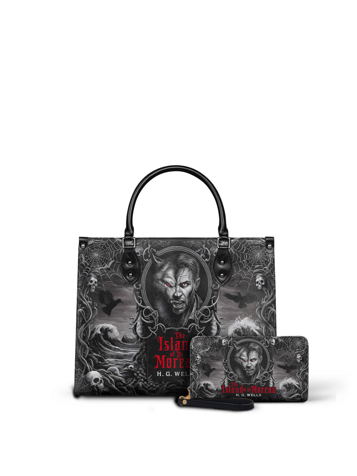 "The Island Of Dr Moreau" - Black Interior - Leather Handbag Matching Set - NEVERMORE DEAL