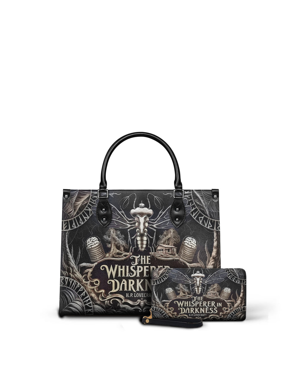 "The Whisperer In Darkness" - Black Interior - Leather Handbag Matching Set - FALL DEAL