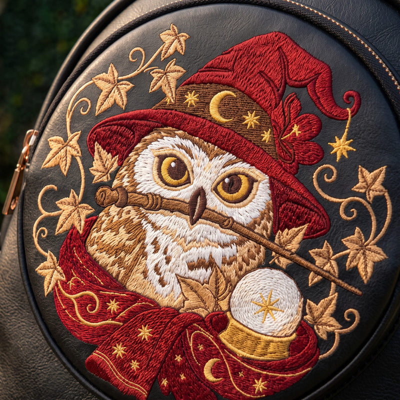 The Feathered Wizard embroidered leather backpack — embroidery close-up