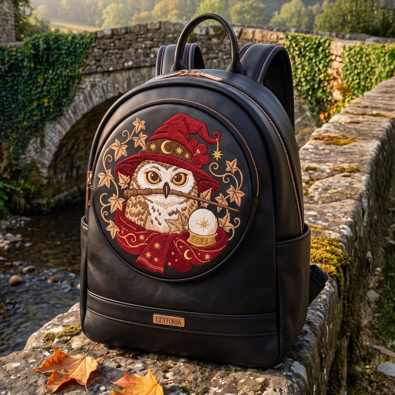 The Feathered Wizard embroidered leather backpack — full view