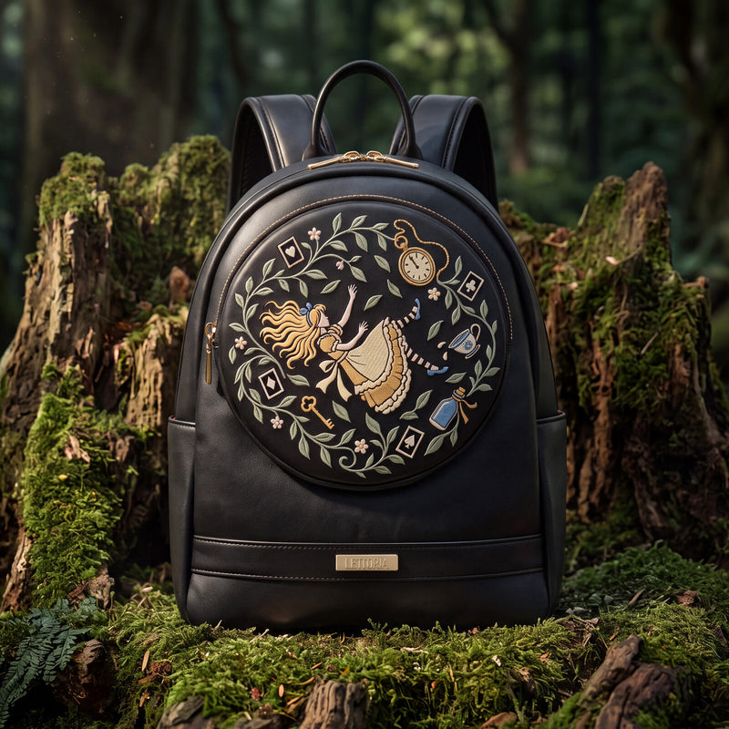 The Golden Key embroidered leather backpack — full view
