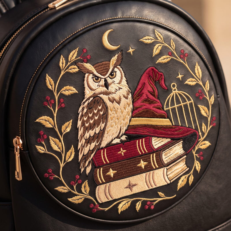 The Night Post embroidered leather backpack — embroidery close-up