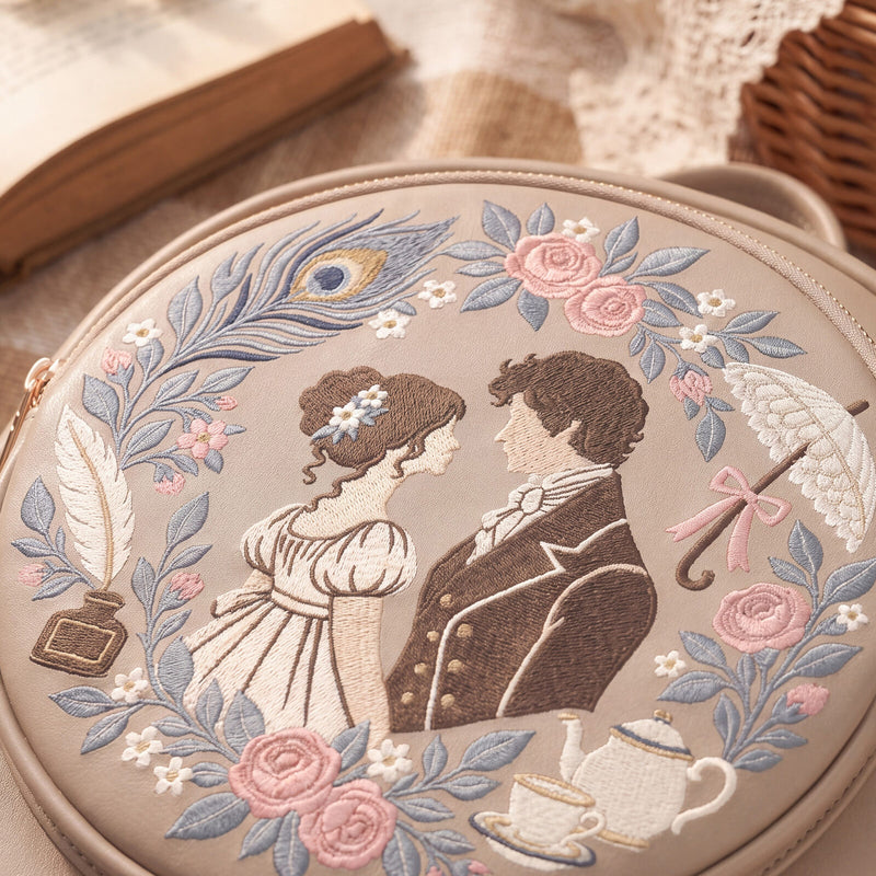Pride & Prejudice embroidered leather backpack — embroidery close-up