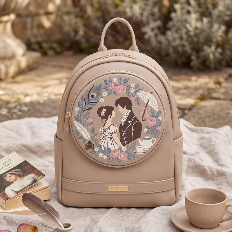 Pride & Prejudice embroidered leather backpack — full view