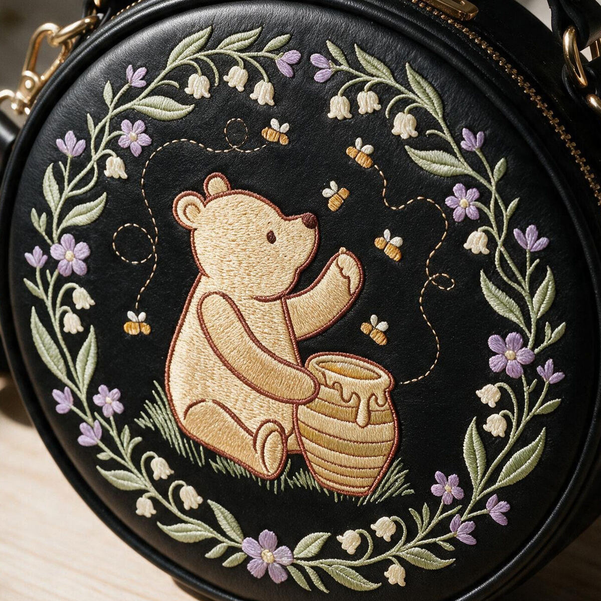 A Bear Likes Honey embroidered circle bag — embroidery close-up