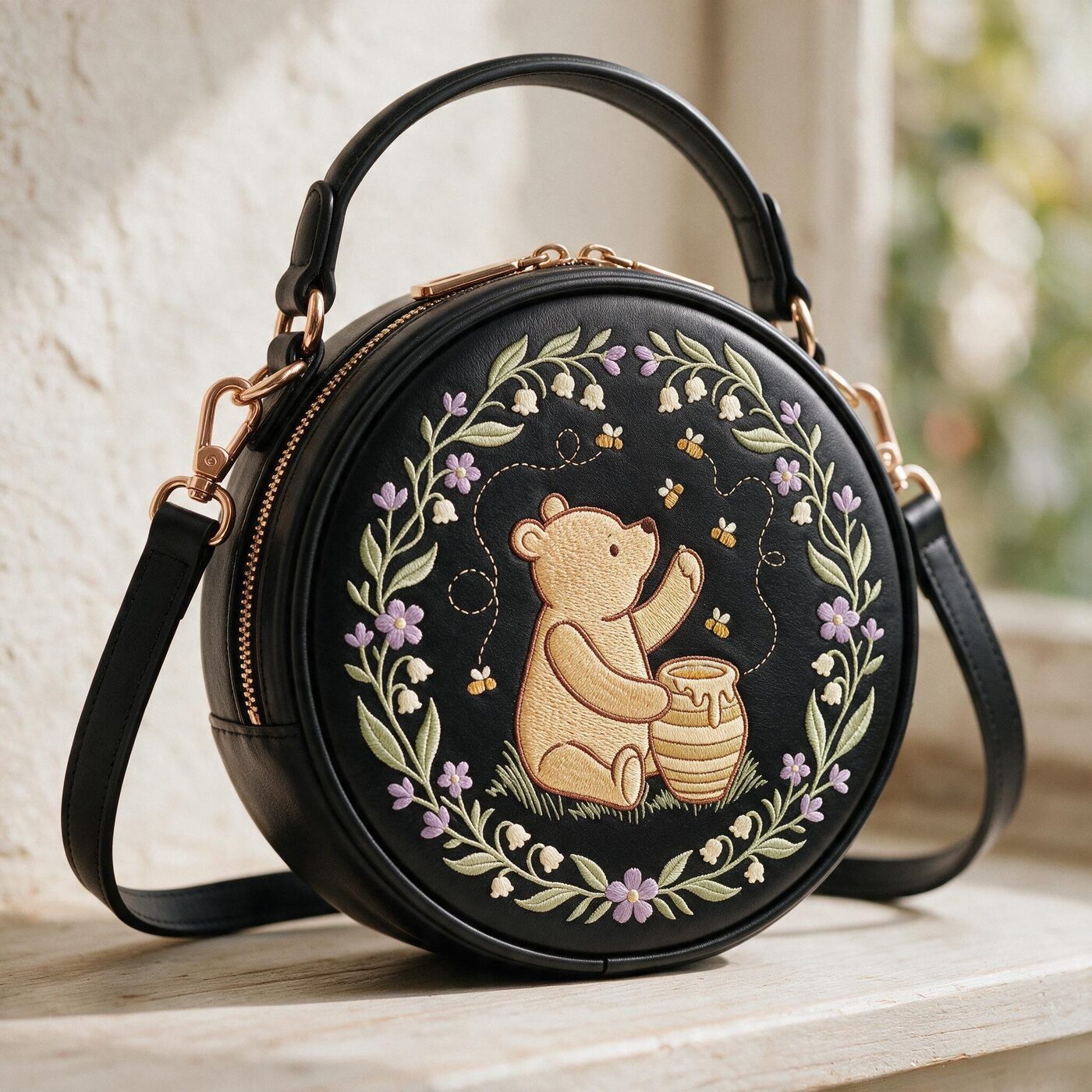 A Bear Likes Honey embroidered circle bag — full view
