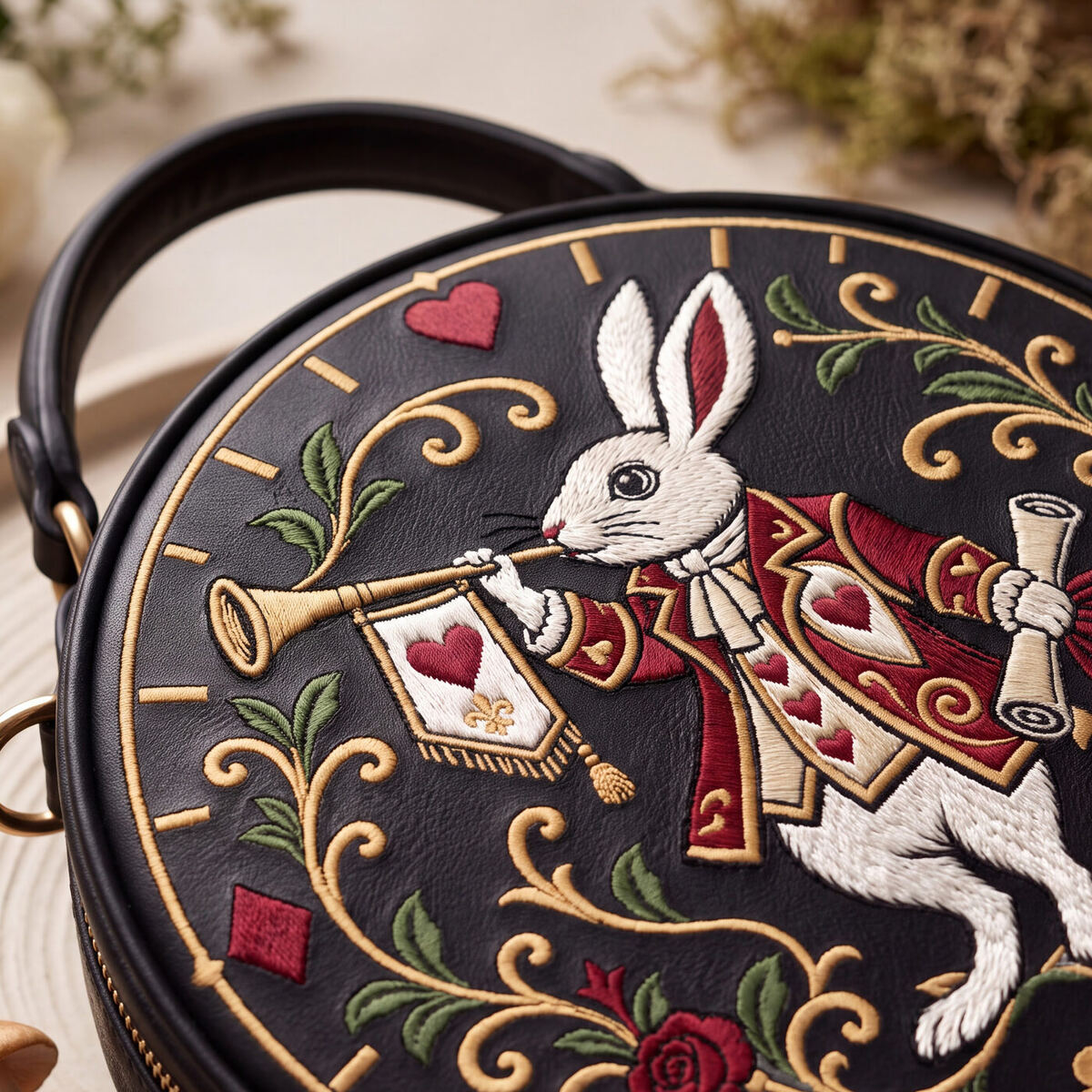 The Herald of Hearts embroidered circle bag — embroidery close-up