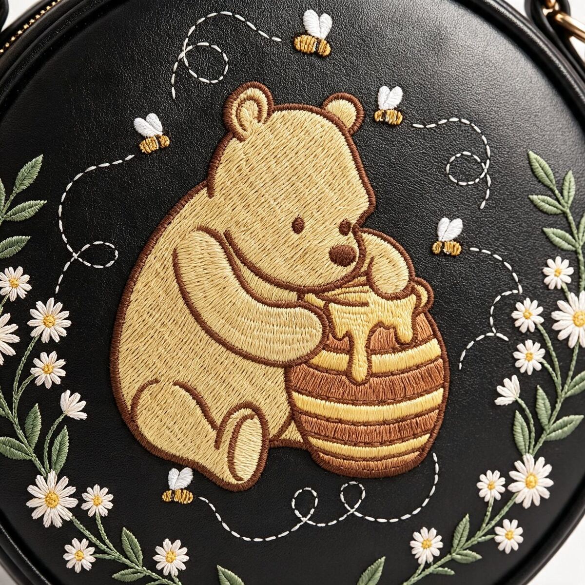 The Honey Pot embroidered circle bag — embroidery close-up