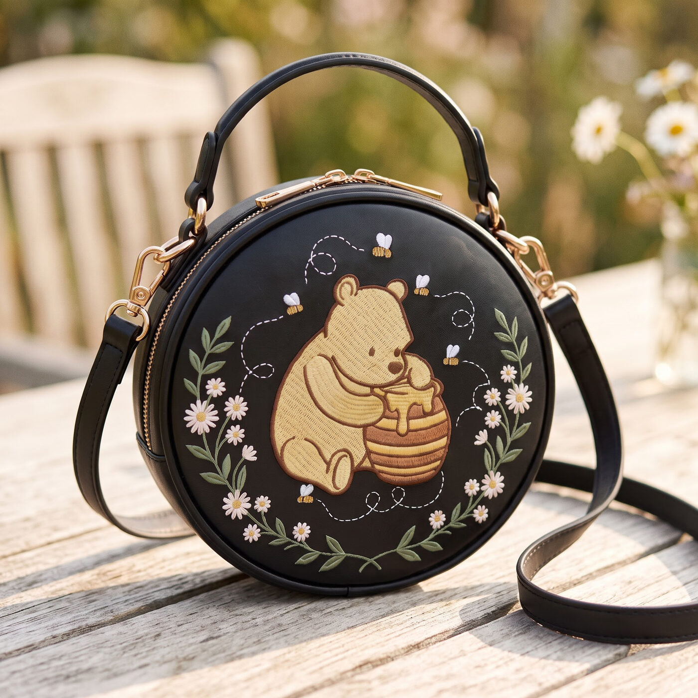 The Honey Pot embroidered circle bag — full view