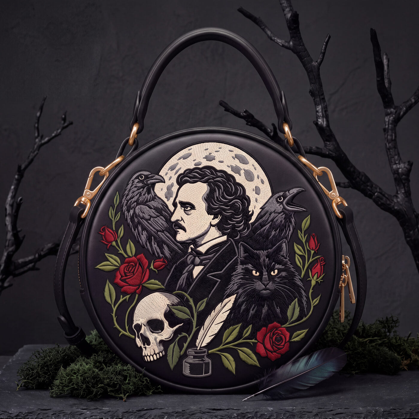 A Midnight Dreary embroidered circle bag — full view
