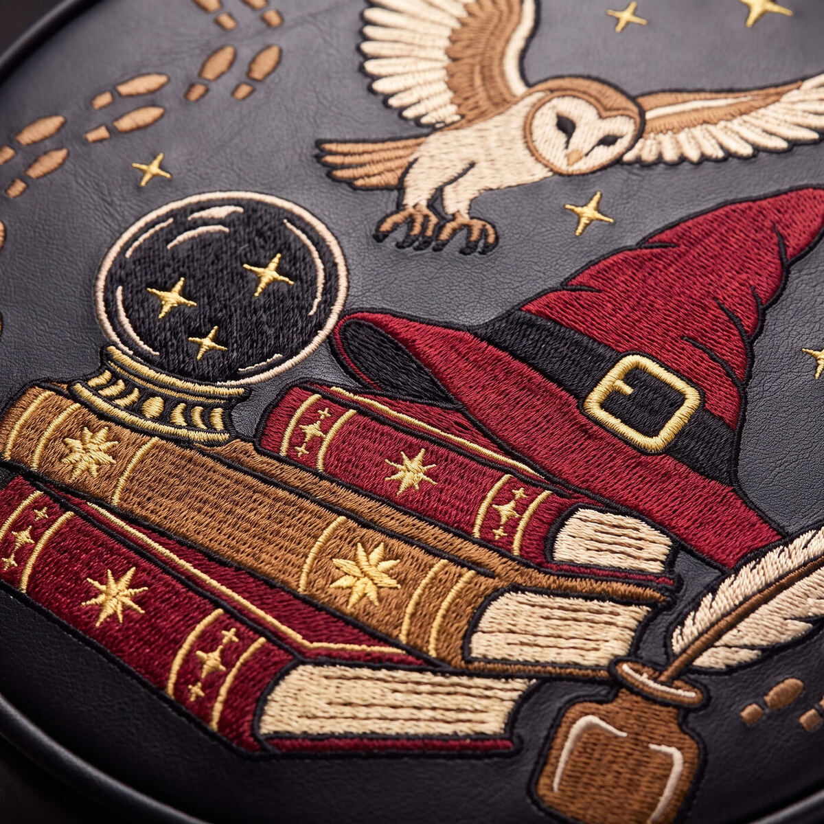 The Wizard's Library embroidered circle bag — embroidery close-up