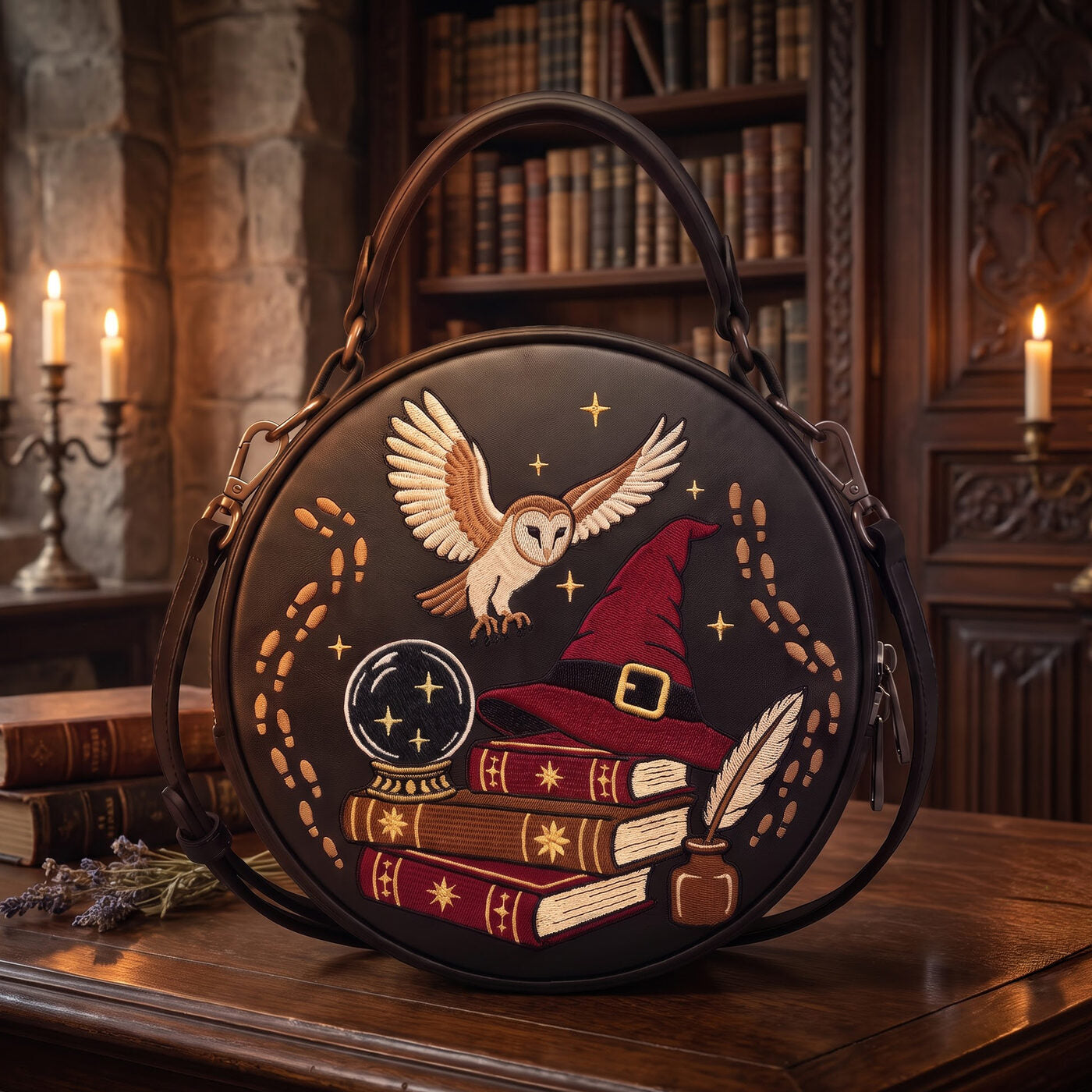 The Wizard's Library embroidered circle bag — full view