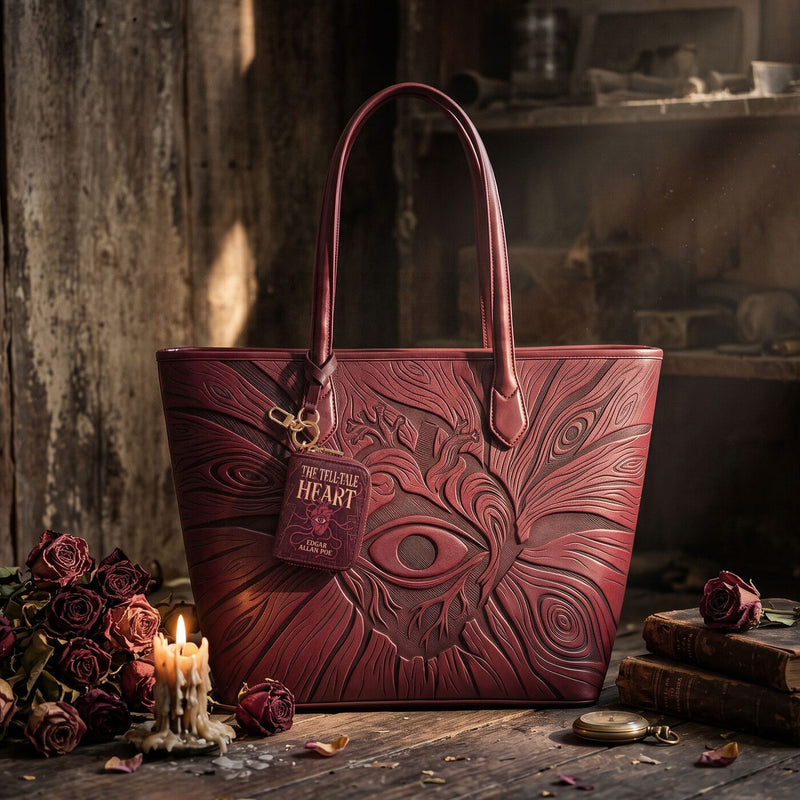 Beneath the Floorboards embossed leather tote — full view