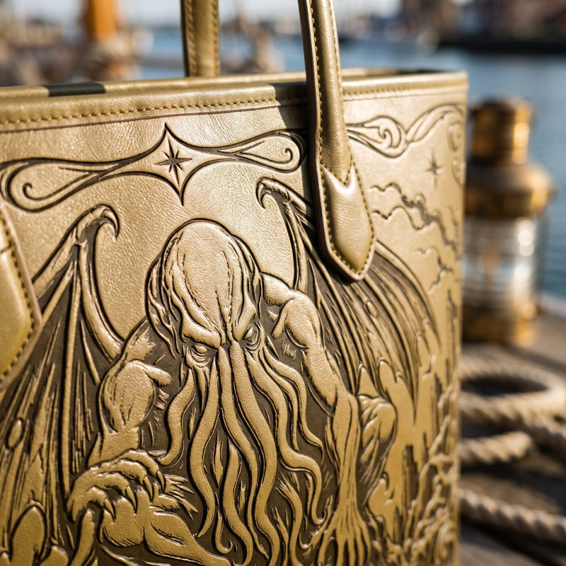 Cthulhu Rising embossed leather tote — embossing close-up
