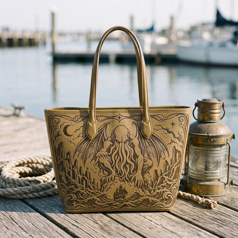 Cthulhu Rising embossed leather tote — full view