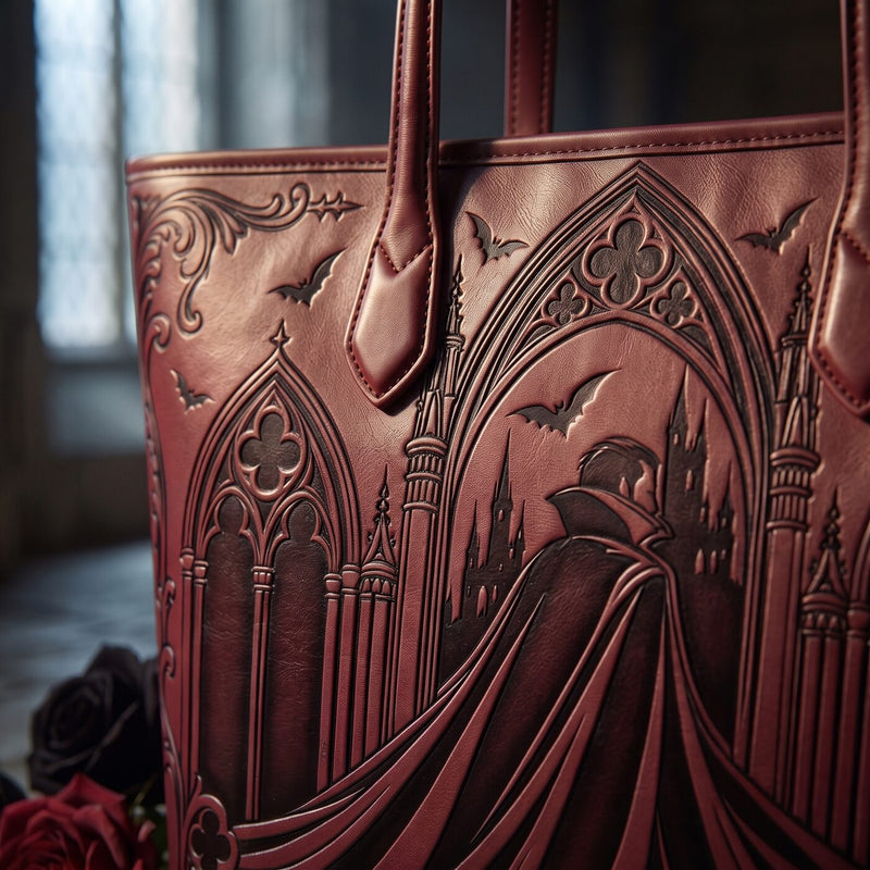 Dracula’s Cloak embossed leather tote — embossing close-up