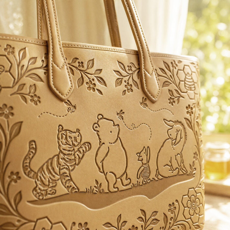 Honeycomb Friends embossed leather tote — embossing close-up