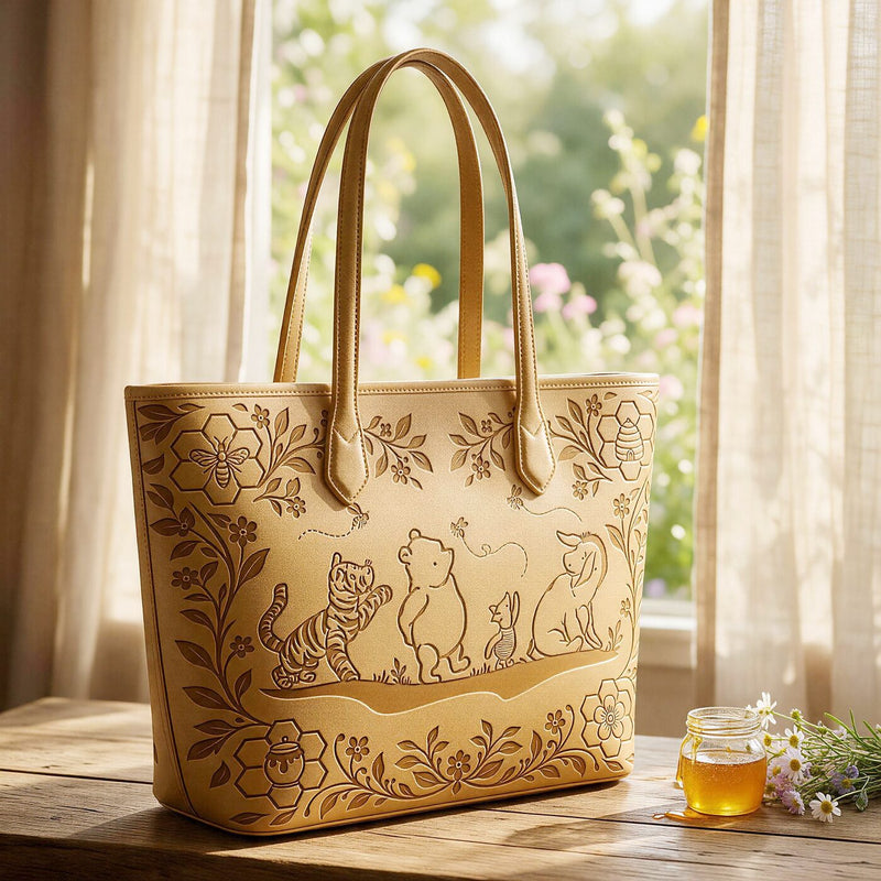Honeycomb Friends embossed leather tote — full view