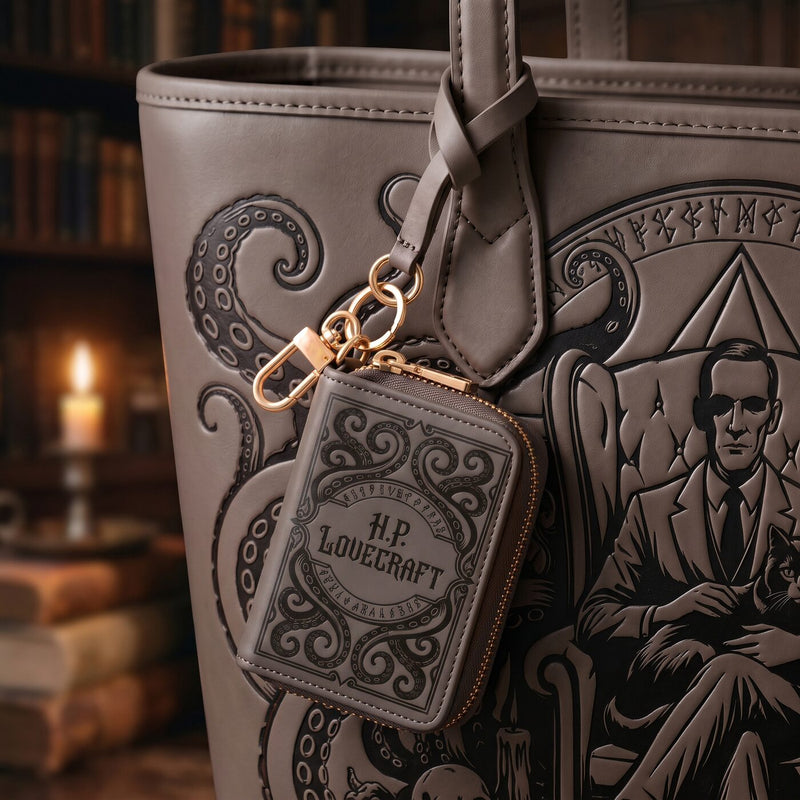 Lovecraft’s Study matching book-cover charm on the tote