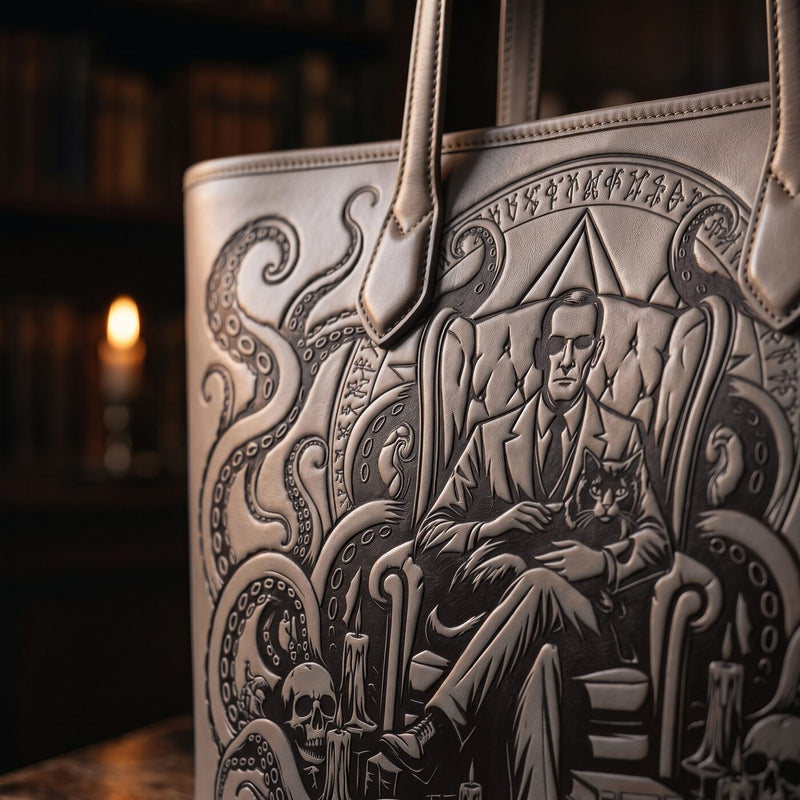 Lovecraft’s Study embossed leather tote — embossing close-up
