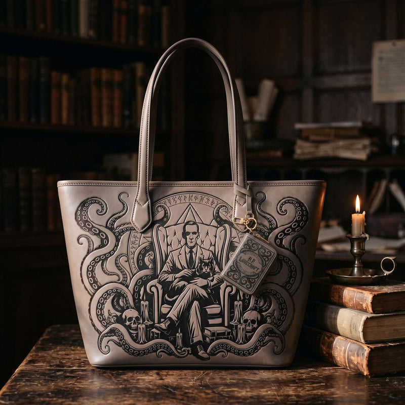 Lovecraft’s Study embossed leather tote — full view