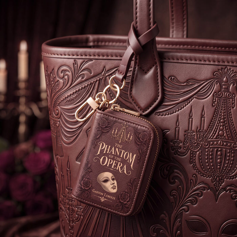 The Phantom’s Mask matching book-cover charm on the tote