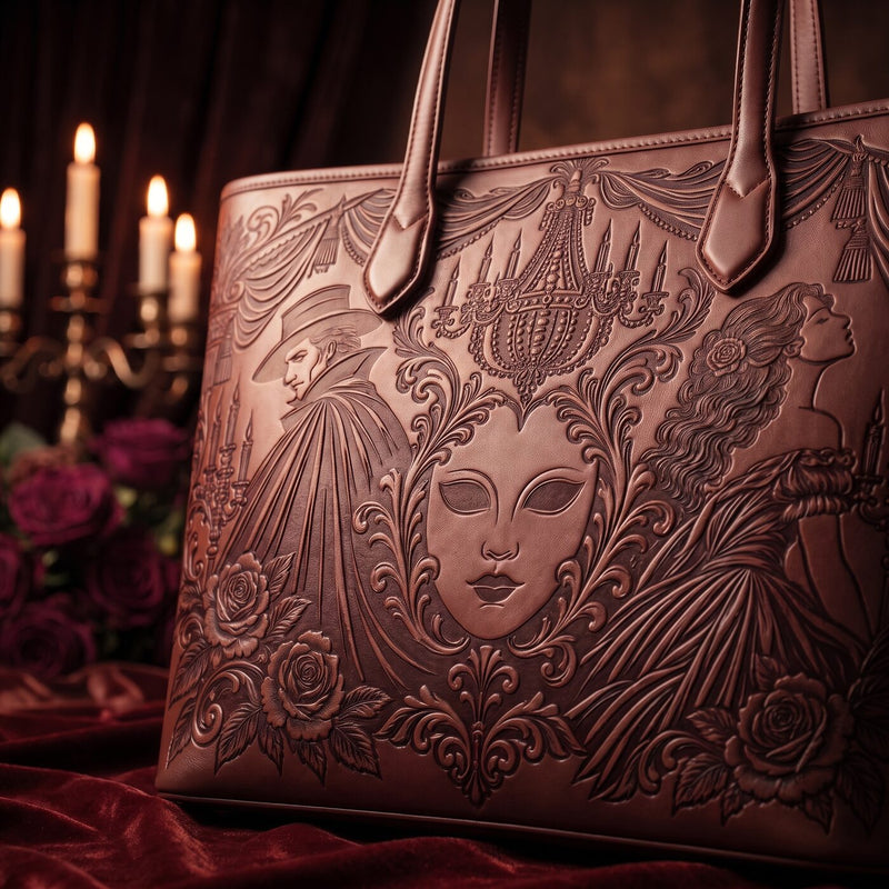 The Phantom’s Mask embossed leather tote — embossing close-up