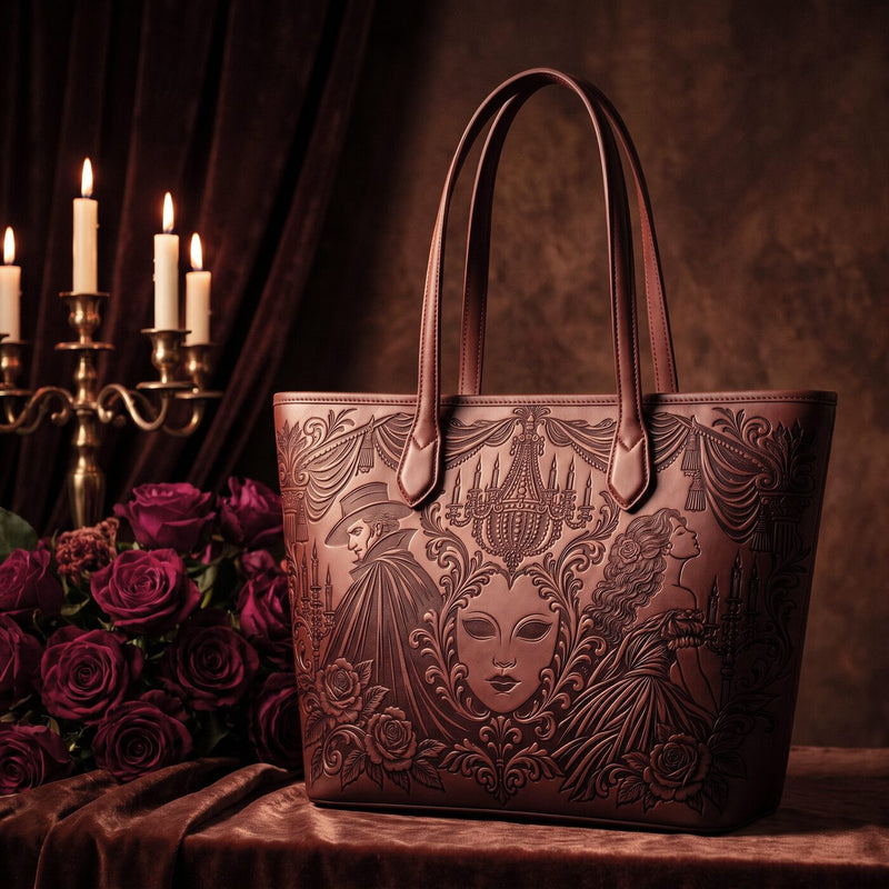 The Phantom’s Mask embossed leather tote — full view
