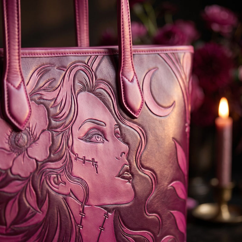 The Bride embossed leather tote — embossing close-up