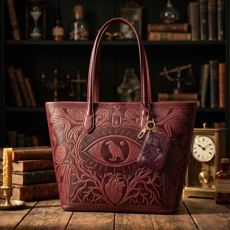 The Vulture Eye embossed leather tote — full view