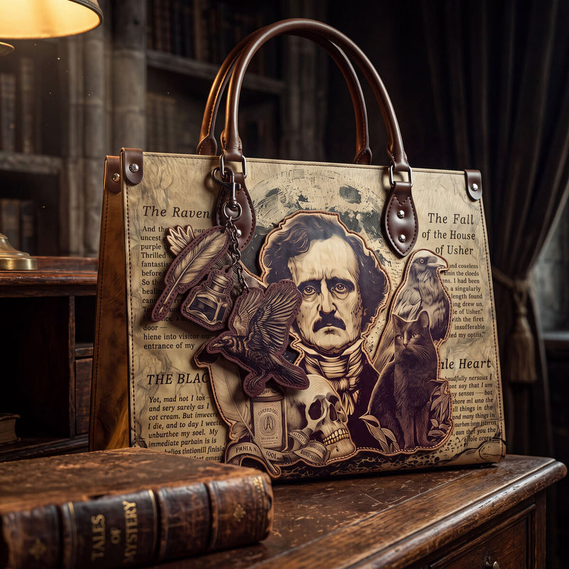 Poe's Anthology appliqué leather handbag